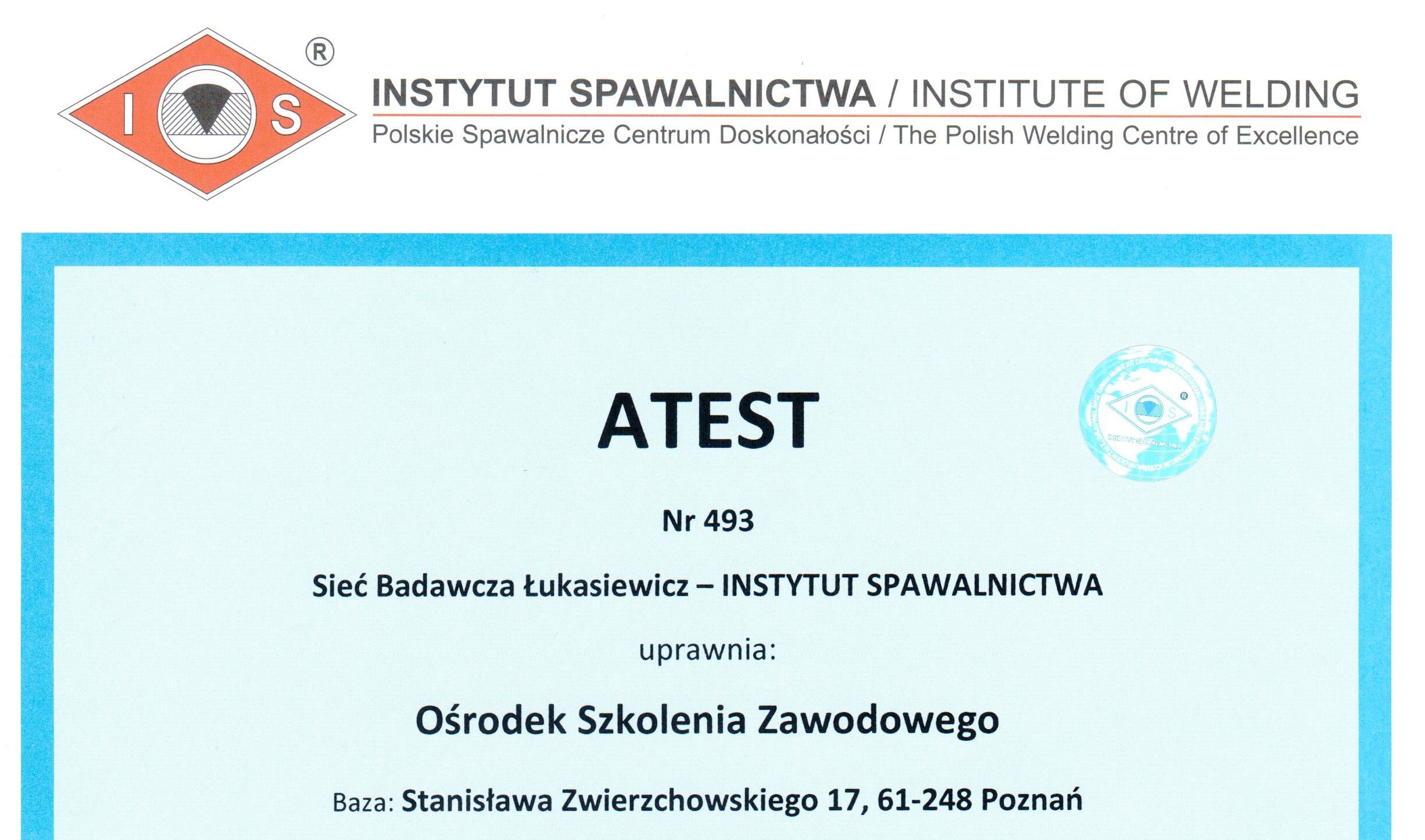 Atest Instytutu Spawalnictwa – Polska