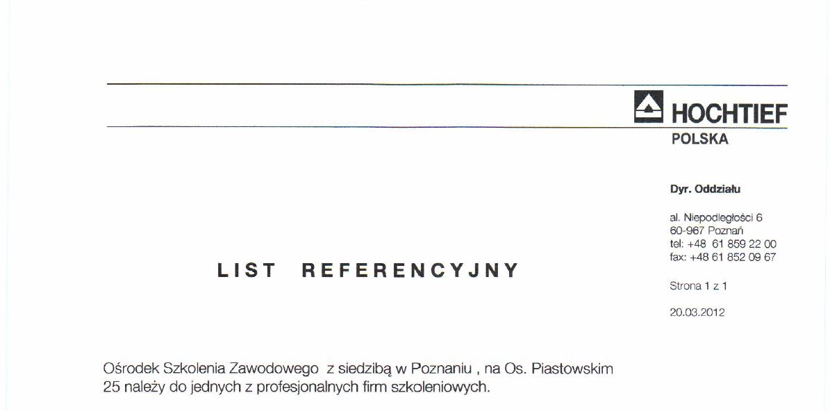List referencyjny od firmy Hochtief Polska